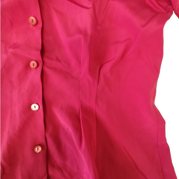 Vintage Anne Klein Hot Pink Ruffle Collar Short Sleeve Button Down Blouse Top - Picture 5 of 13